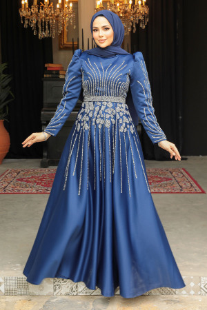 Modest Navy Blue Elegant Evening Dress 52071L - 3