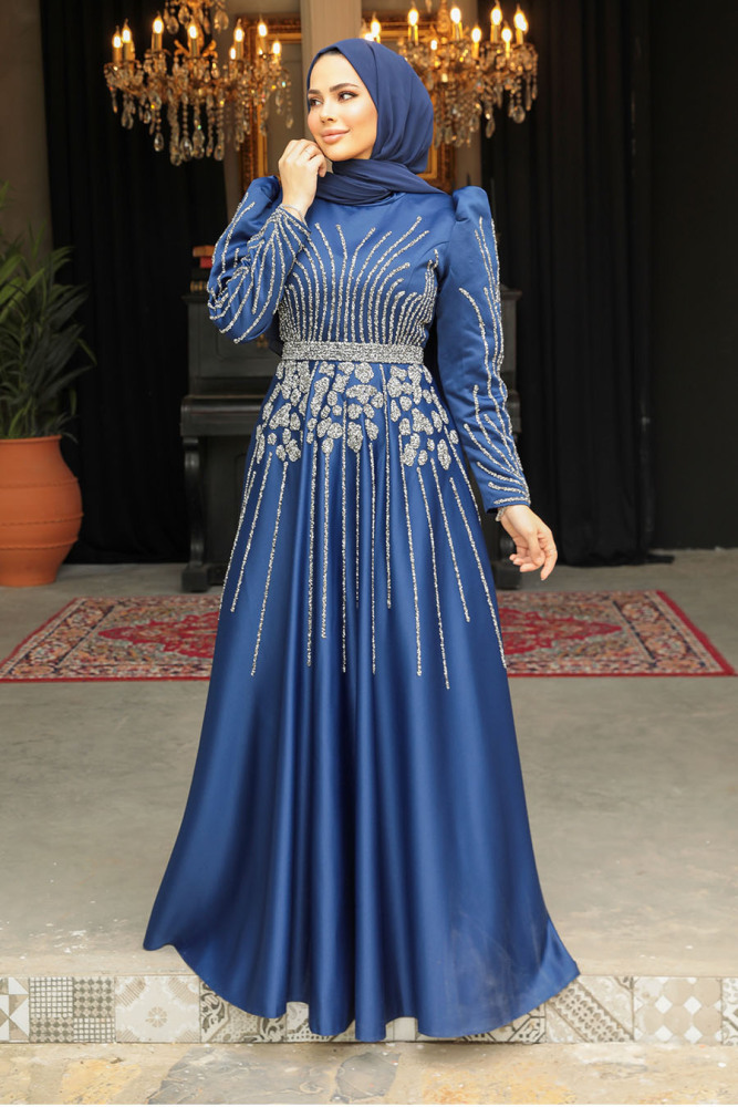 Modest Navy Blue Elegant Evening Dress 52071L - 1