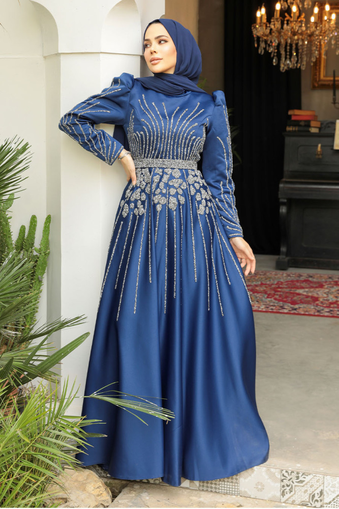 Modest Navy Blue Elegant Evening Dress 52071L - 4
