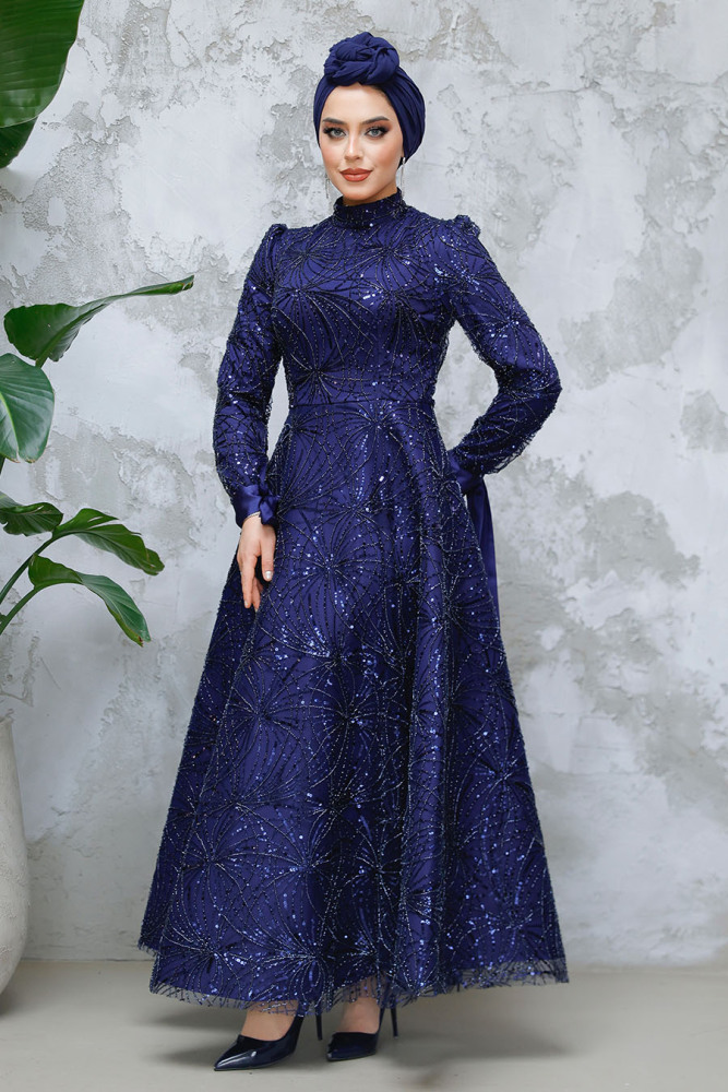 Modest Navy Blue Elegant Evening Gown 4908L - 5