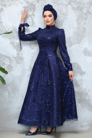 Modest Navy Blue Elegant Evening Gown 4908L - 6