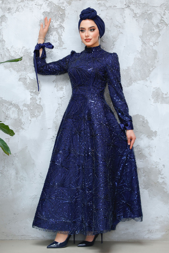 Modest Navy Blue Elegant Evening Gown 4908L - 6