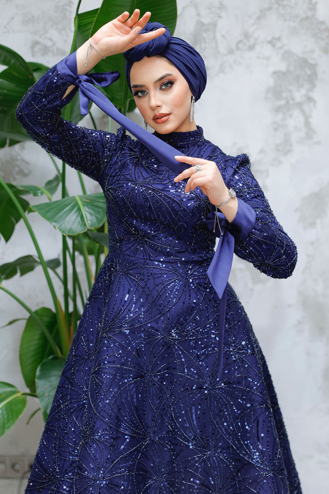 Modest Navy Blue Elegant Evening Gown 4908L - 3