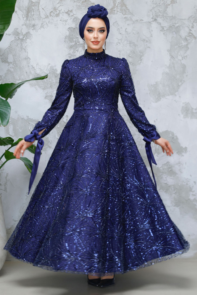 Modest Navy Blue Elegant Evening Gown 4908L - 1