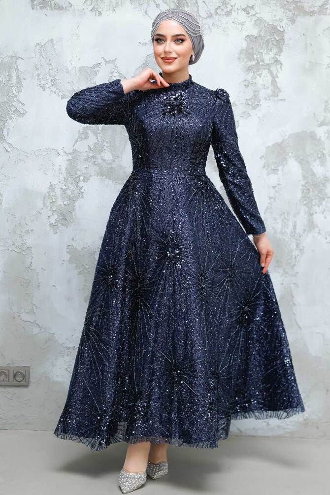 Modest Navy Blue Elegant Evening Gown 50461L - 2