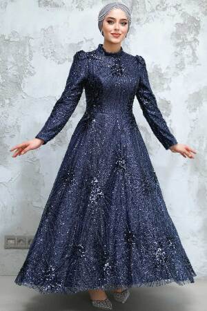 Modest Navy Blue Elegant Evening Gown 50461L - 1