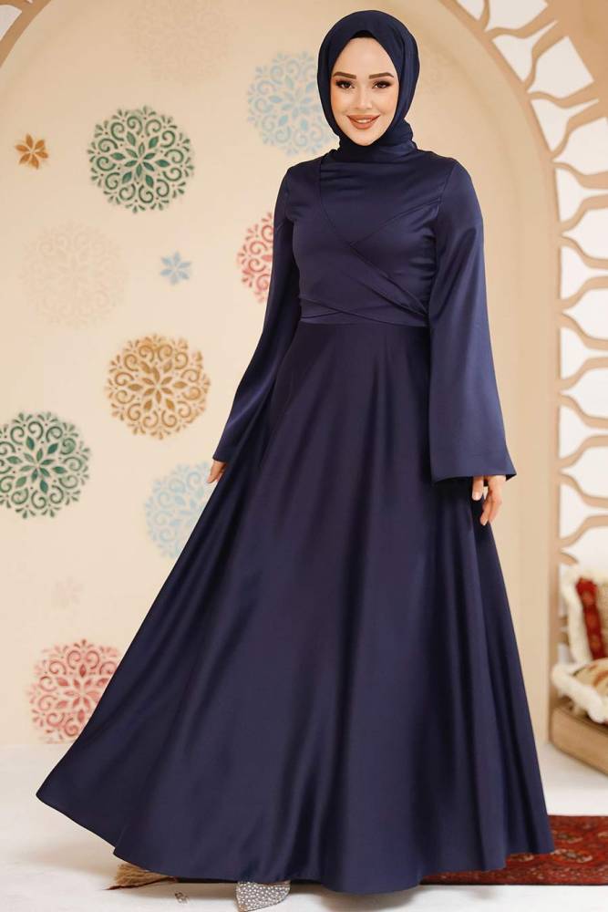 Modest Navy Blue Evening Long Sleeve Dress 6157L - 1