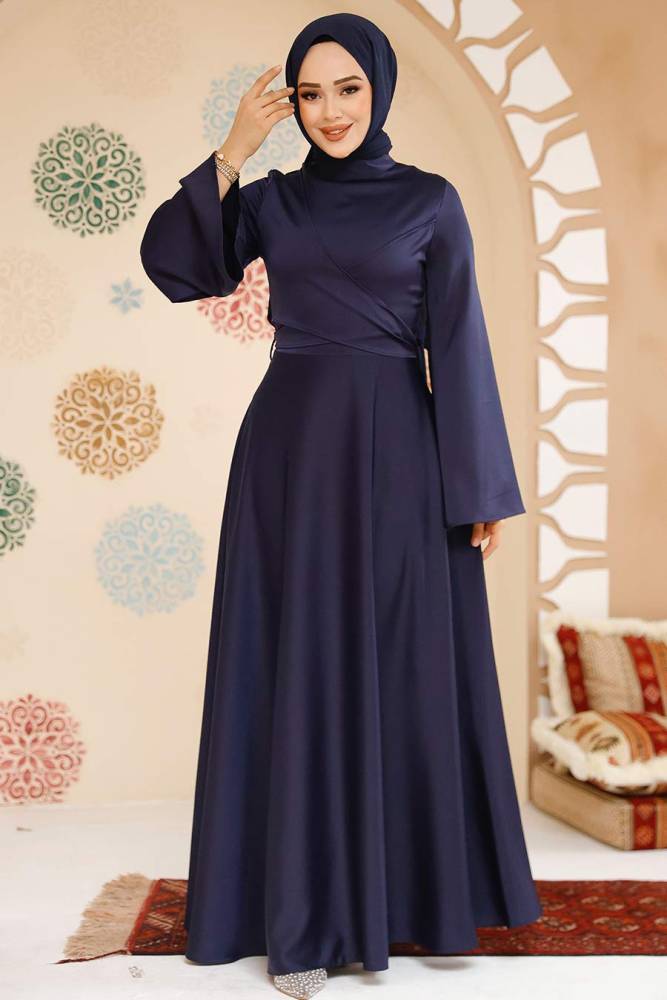 Modest Navy Blue Evening Long Sleeve Dress 6157L - 2