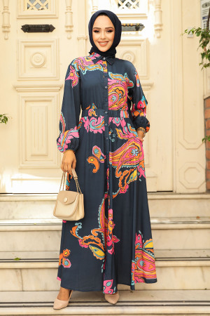 Modest Navy Blue Floral Dress 23441L - 1