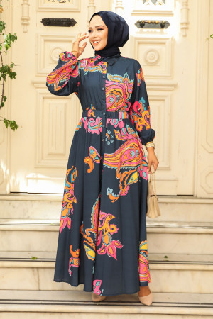 Modest Navy Blue Floral Dress 23441L - 2