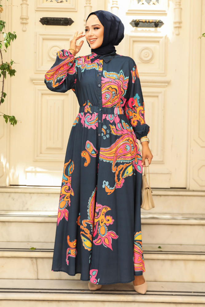 Modest Navy Blue Floral Dress 23441L - 2