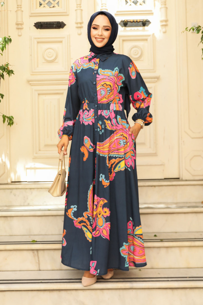 Modest Navy Blue Floral Dress 23441L - 3