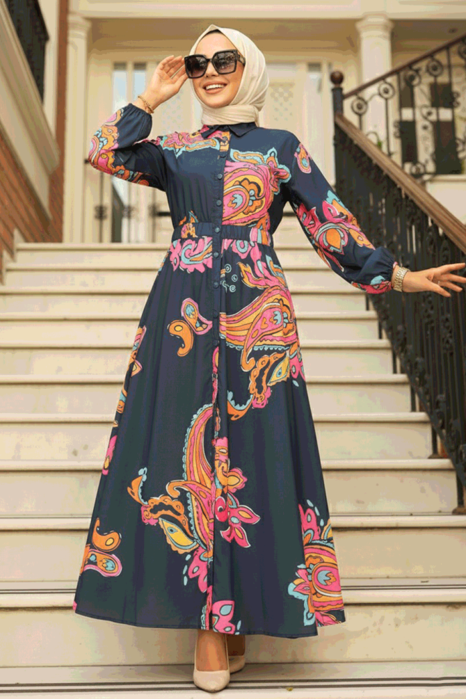 Modest Navy Blue Floral Dress 23441L - 1