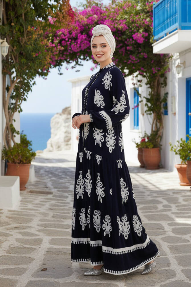Modest Navy Blue Floral Dress 25491L - 1