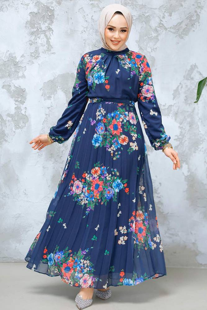 Modest Navy Blue Floral Dress 34468L - 1