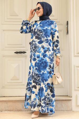 Modest Navy Blue Floral Long Dress 15729L - 1