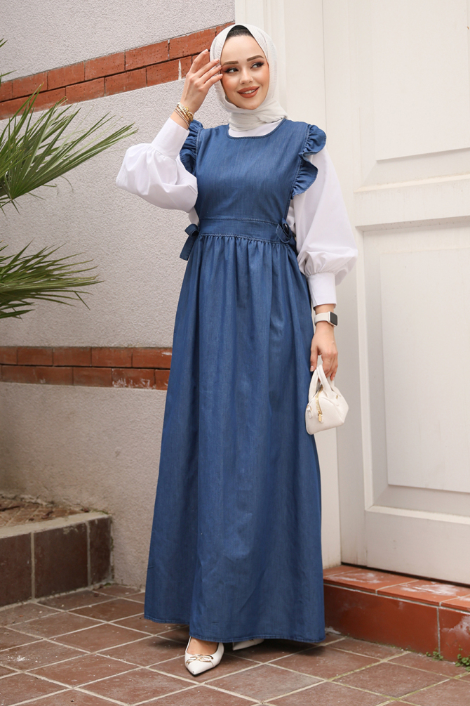 Modest Navy Blue Gilet Denim Dress 7054L - 1