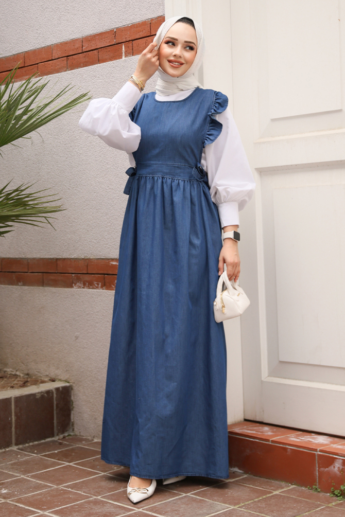 Modest Navy Blue Gilet Denim Dress 7054L - 2