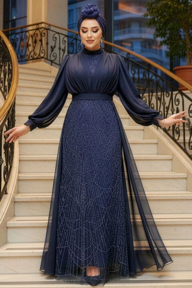 Modest Navy Blue Islamic Clothing Evening Dress 46301L - 1