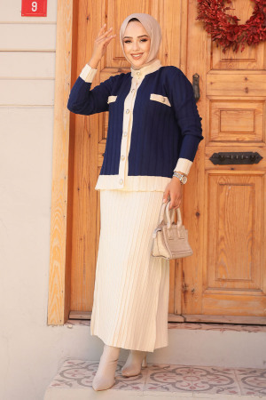 Modest Navy Blue Knitwear Dual Skirt Suit 24196L - 2