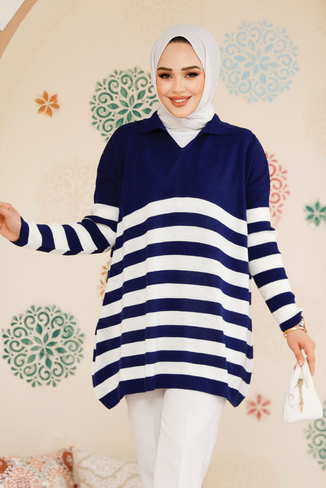 Modest Navy Blue Knitwear Jumper Top 53401L - 1