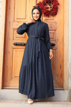 Modest Navy Blue Long Sleeve Dress 60931L - 1