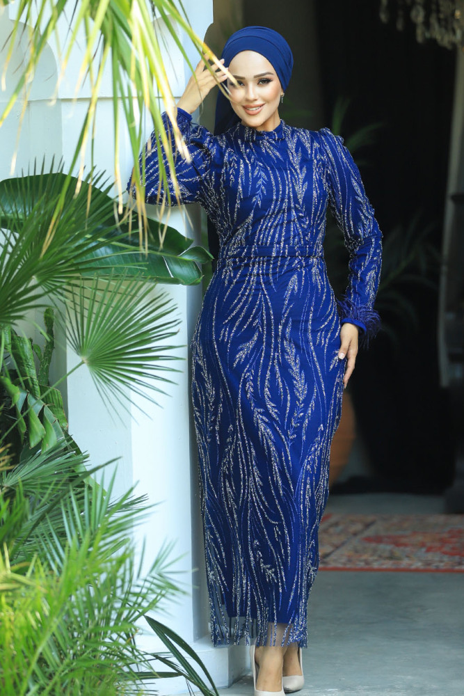 Modest Navy Blue Long Sleeve Evening Dress 52053L - 3