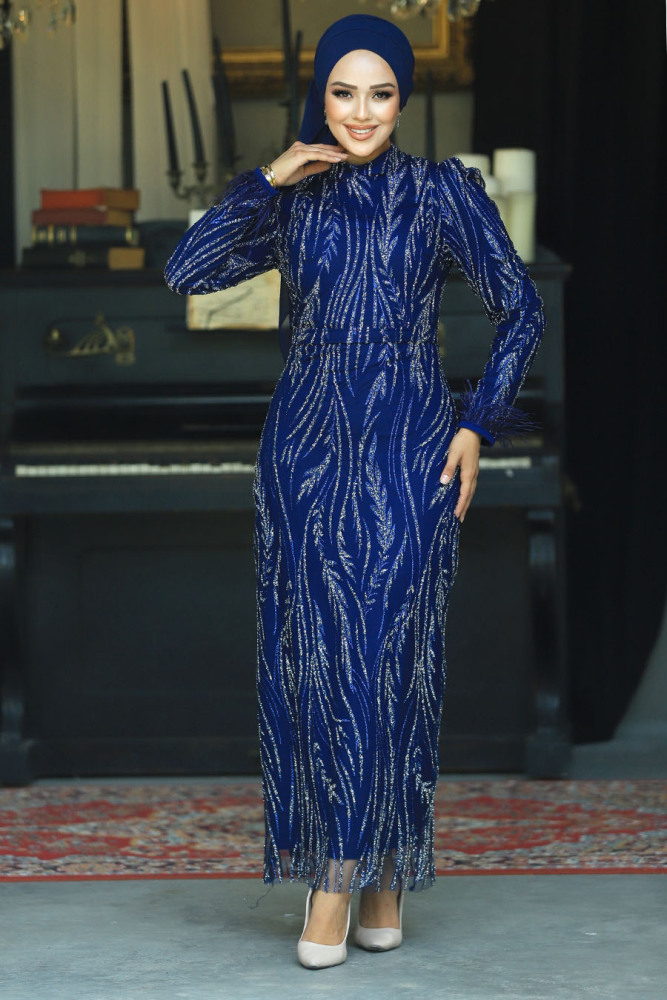 Modest Navy Blue Long Sleeve Evening Dress 52053L - 2