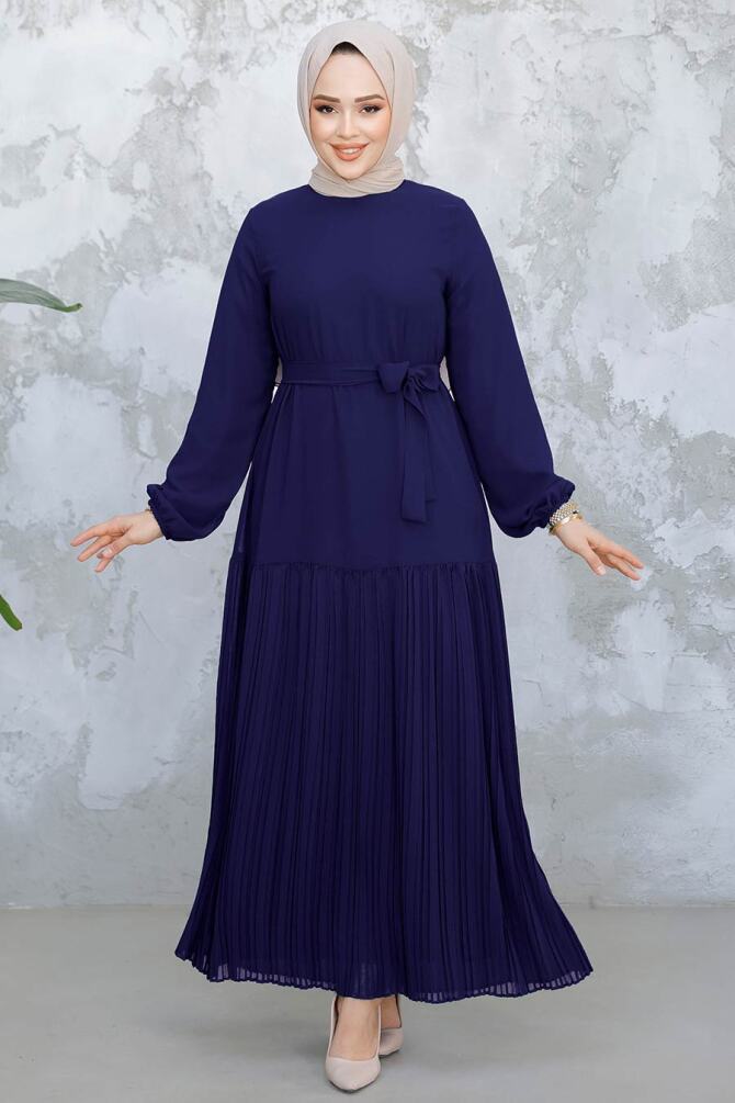 Modest Navy Blue Pleated Long Dress 23771L - 1