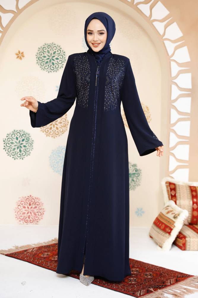 Modest Navy Blue Plus Size Abaya For Women 17007L - 4