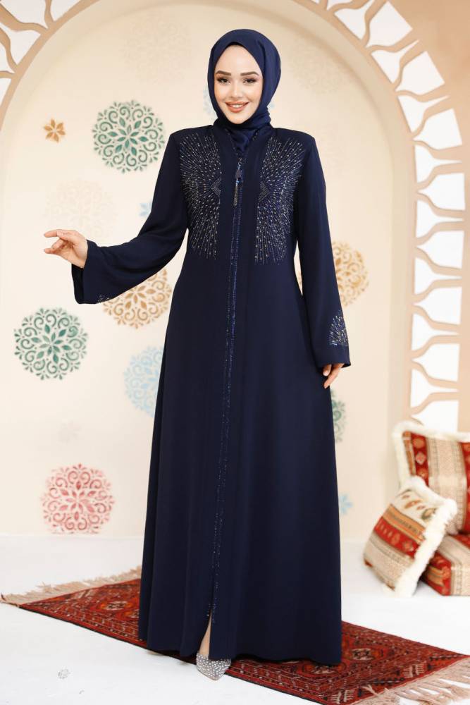Modest Navy Blue Plus Size Abaya For Women 17007L - 1