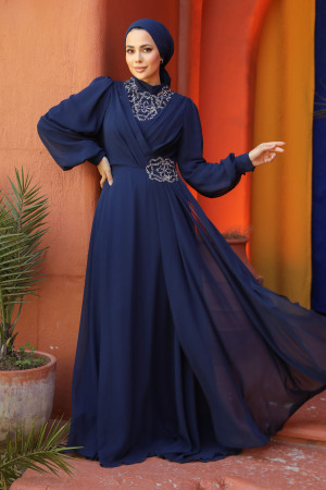 Modest Navy Blue Plus Size Dress 25882L - 2