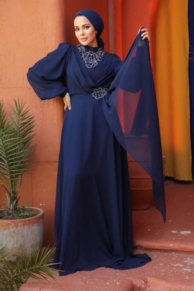 Modest Navy Blue Plus Size Dress 25882L - 5