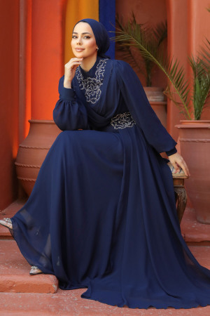 Modest Navy Blue Plus Size Dress 25882L - 9