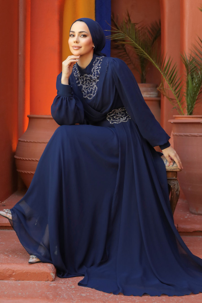 Modest Navy Blue Plus Size Dress 25882L - 9