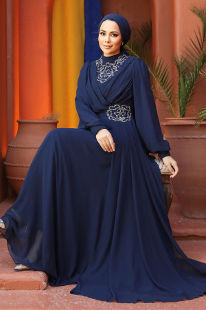 Modest Navy Blue Plus Size Dress 25882L - 6