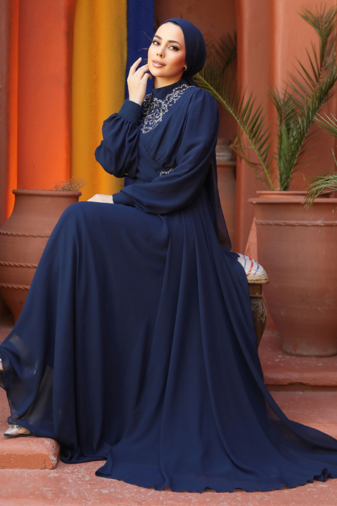 Modest Navy Blue Plus Size Dress 25882L - 4