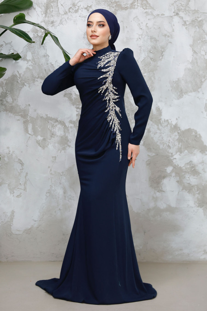 Modest Navy Blue Prom Dress 4964L - 3