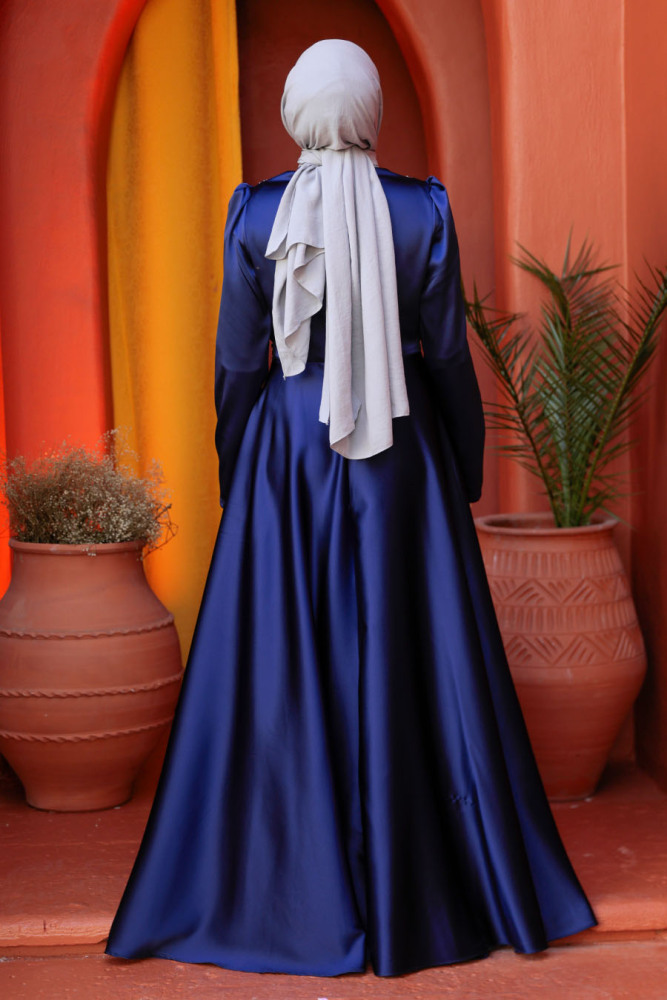 Modest Navy Blue Satin Bridesmaid Dress 25880L - 3
