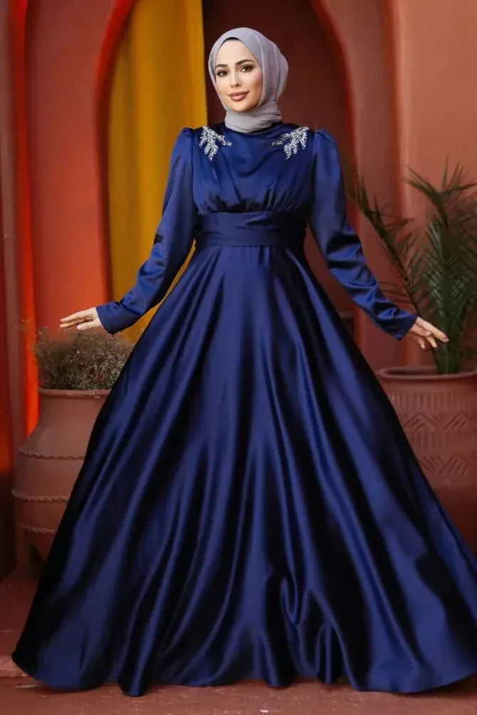 Modest Navy Blue Satin Bridesmaid Dress 25880L - 1