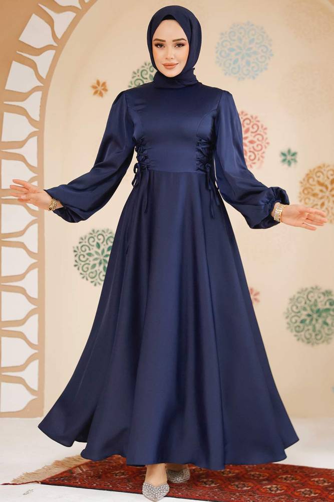 Modest Navy Blue Satin Engagement Gown 61501L - 1