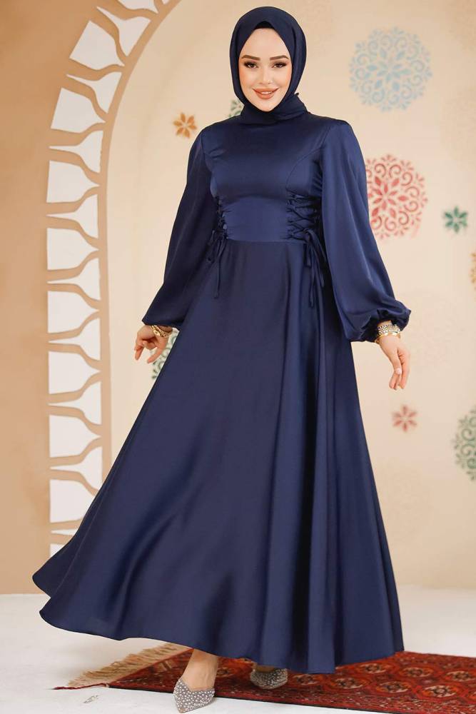 Modest Navy Blue Satin Engagement Gown 61501L - 2