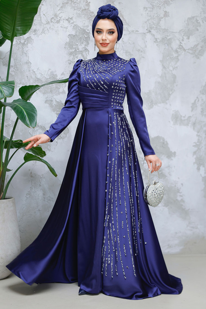 Modest Navy Blue Satin Evening Gown 47112L - 1