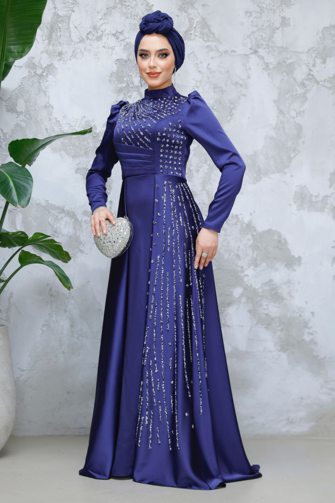 Modest Navy Blue Satin Evening Gown 47112L - 3