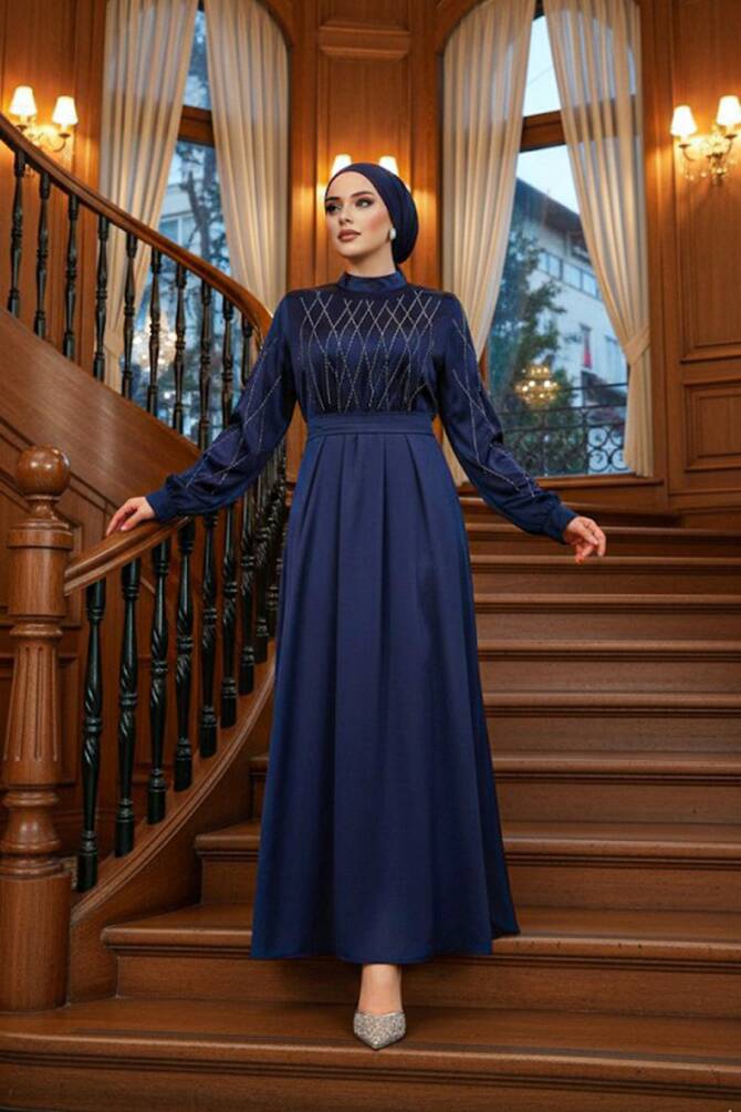 Modest Navy Blue Satin Plus Size Dress 65880L - 1