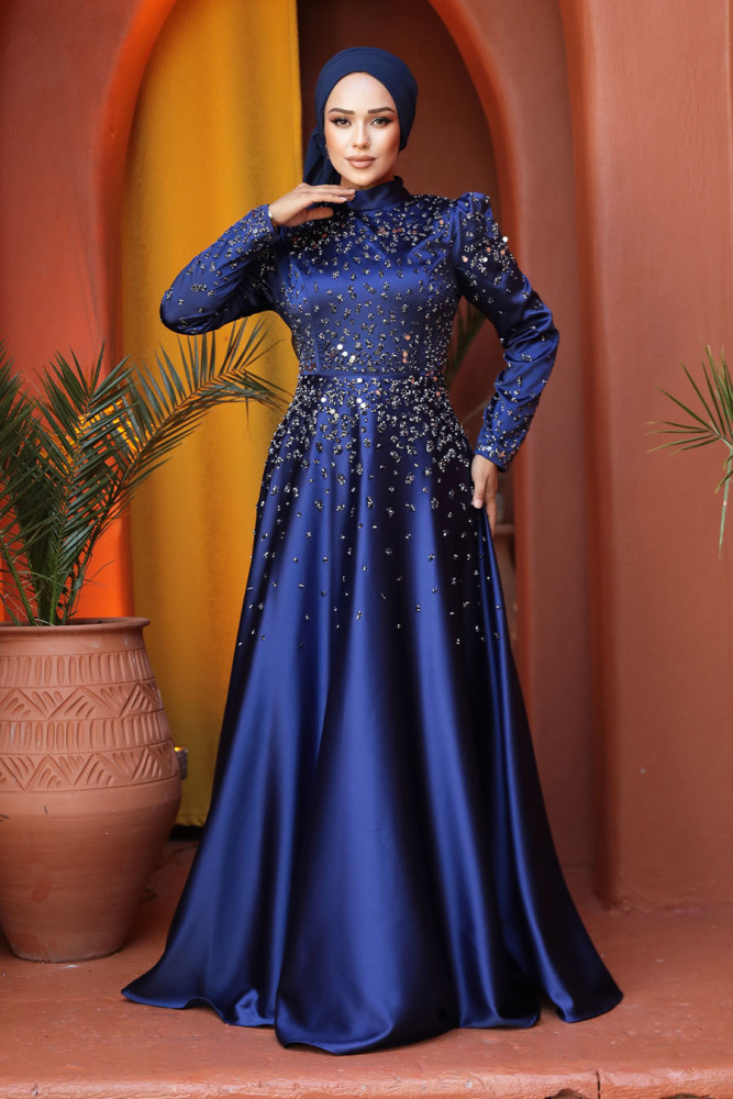 Modest Navy Blue Satin Prom Dress 25894L - 1