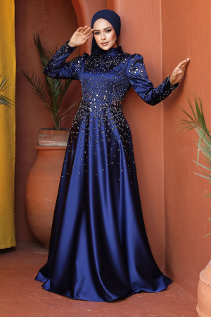 Modest Navy Blue Satin Prom Dress 25894L - 3