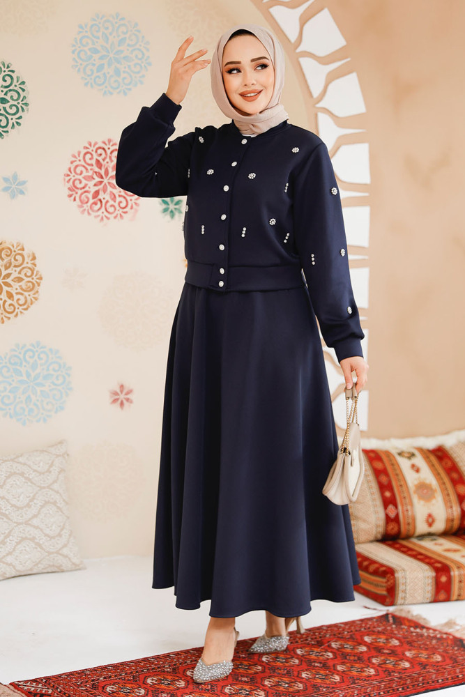 Modest Navy Blue Skirted Dual Suit 1277L - 2