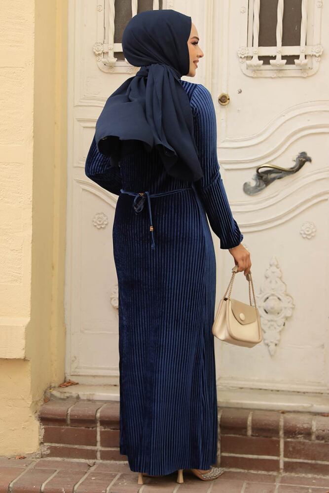 Modest Navy Blue Velvet Dress 22751L - 3