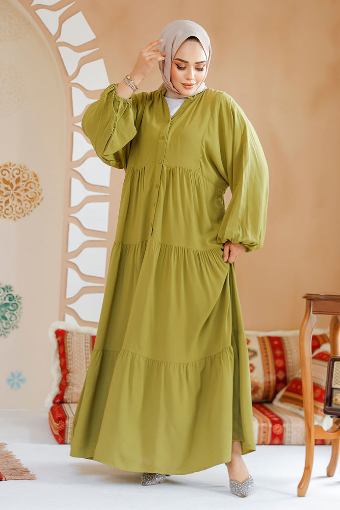 Modest Oil Green Dress For Women 20612YY - 1